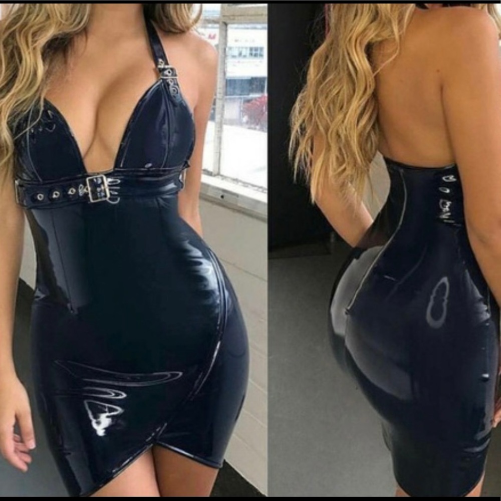 Oh Polly vinyl navy blue mini dress